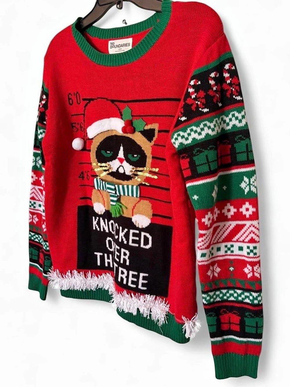 No Boundaries Large Holiday Cat Sweater Red & Green Jr10 Large 12/14